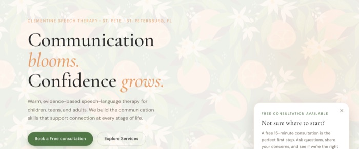 Screenshot of the clementinespeech.com homepage